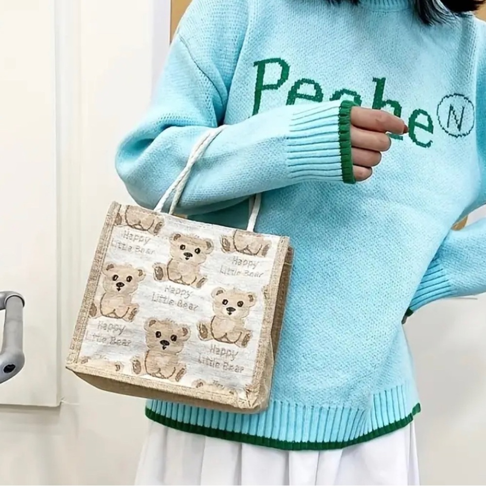 1pc Bear Linen Tote Bag, Carrying Bag Small Satchel, Single Shoulder Trendy Bag
